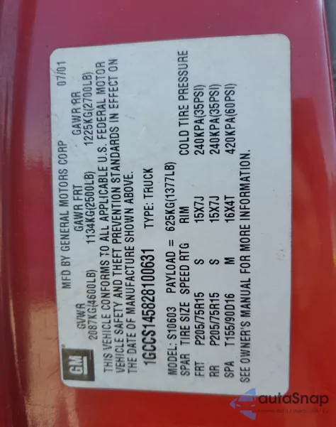 2002 Chevrolet S Truck S10 z USA, uszkodzony, nr VIN 1GCCS145828100631